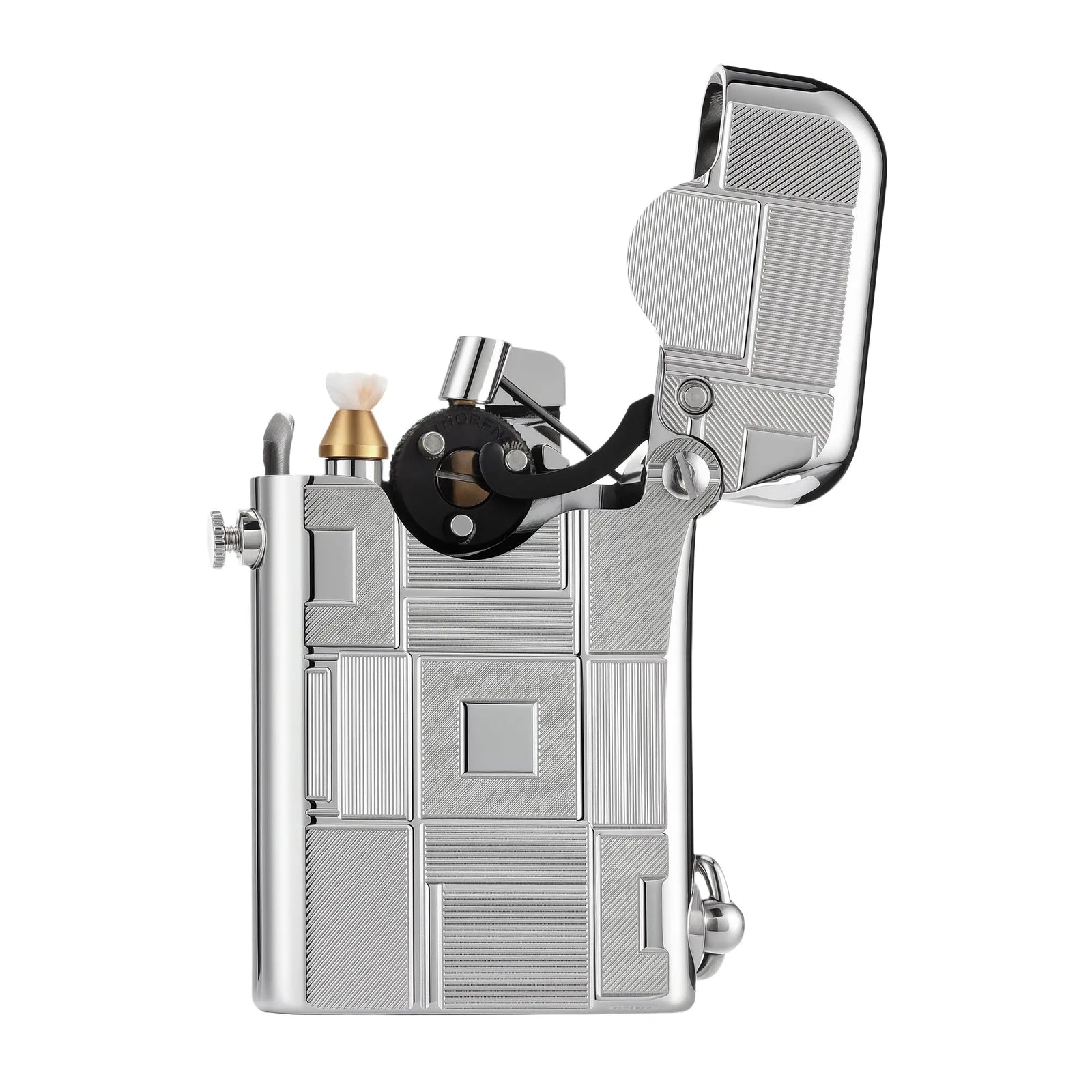 A Thorens Gen 1 Single Claw lighter in a silver finish with an open lid, showcasing the mechanical ignition system and precise geometric line engravings on the metal body.