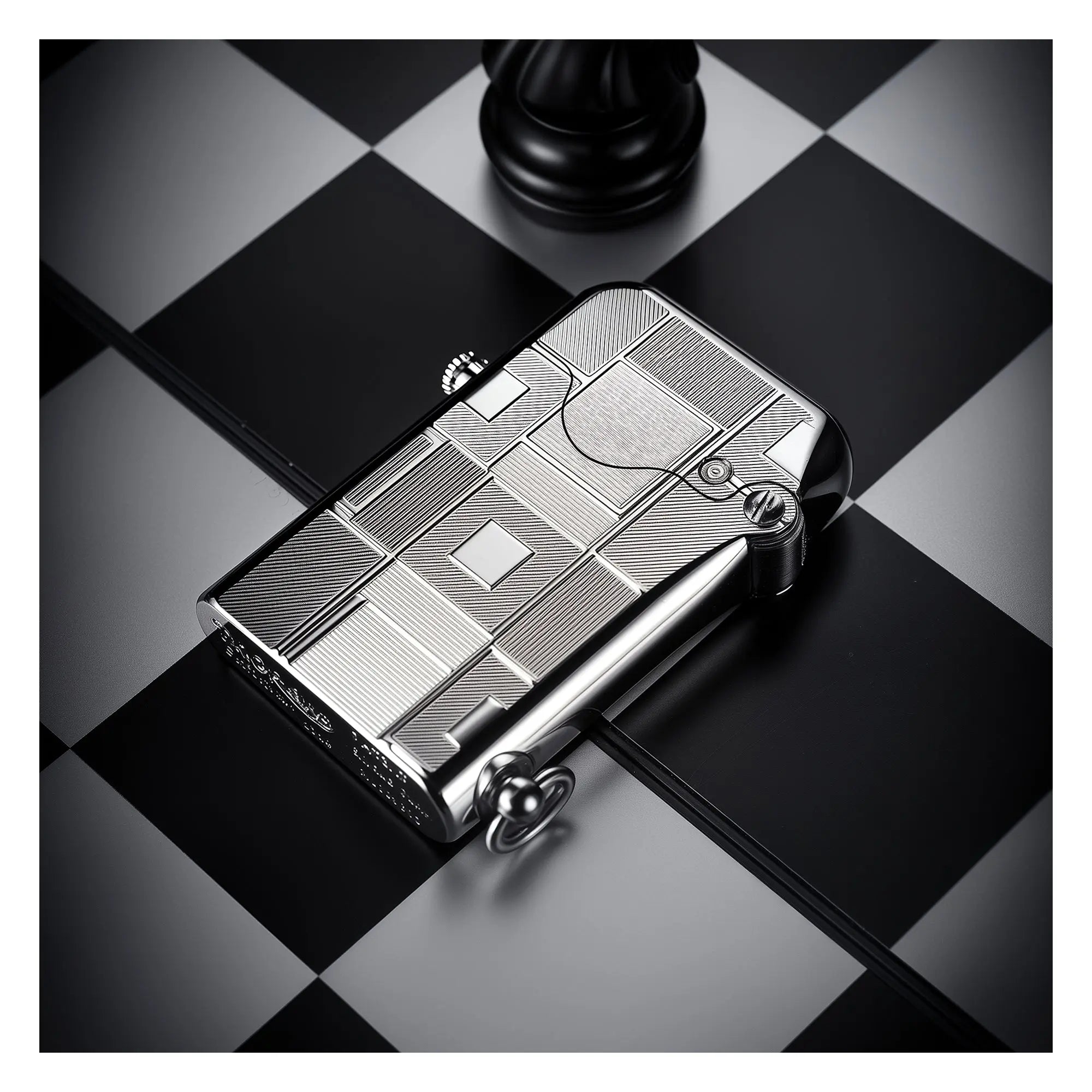 A Thorens Gen 1 Single Claw lighter featuring a silver geometric engraving, lying flat on a monochrome chessboard to highlight its mechanical precision and collectible refined EDC aesthetics.