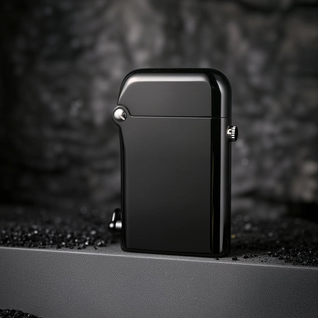 A closed Gen 1 Single Claw lighter featuring a high-gloss black finish, showcasing its sleek mechanical structure and refined industrial design.