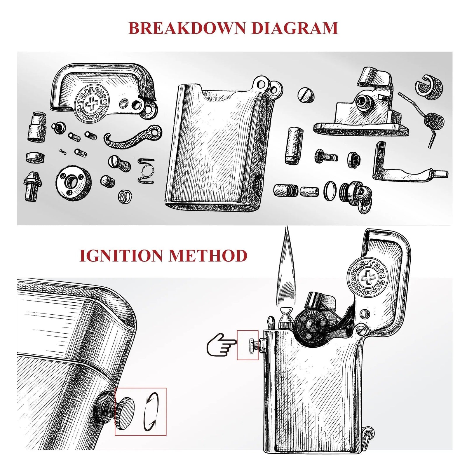 A technical breakdown diagram for the Thorens Gen 1 Single Claw silver lighter with brand emblem, featuring a component explosion view and a step-by-step side-actuated ignition guide.