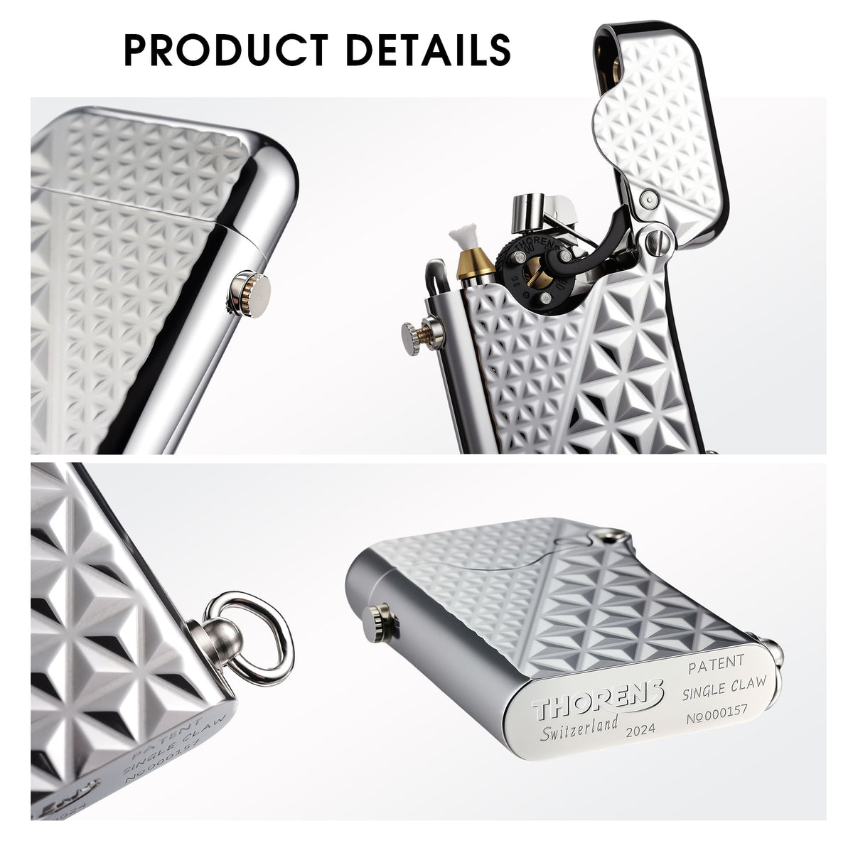 A detailed collage of a silver Thorens Gen 1 lighter showing the single claw mechanism, diamond engraving, and lanyard ring.