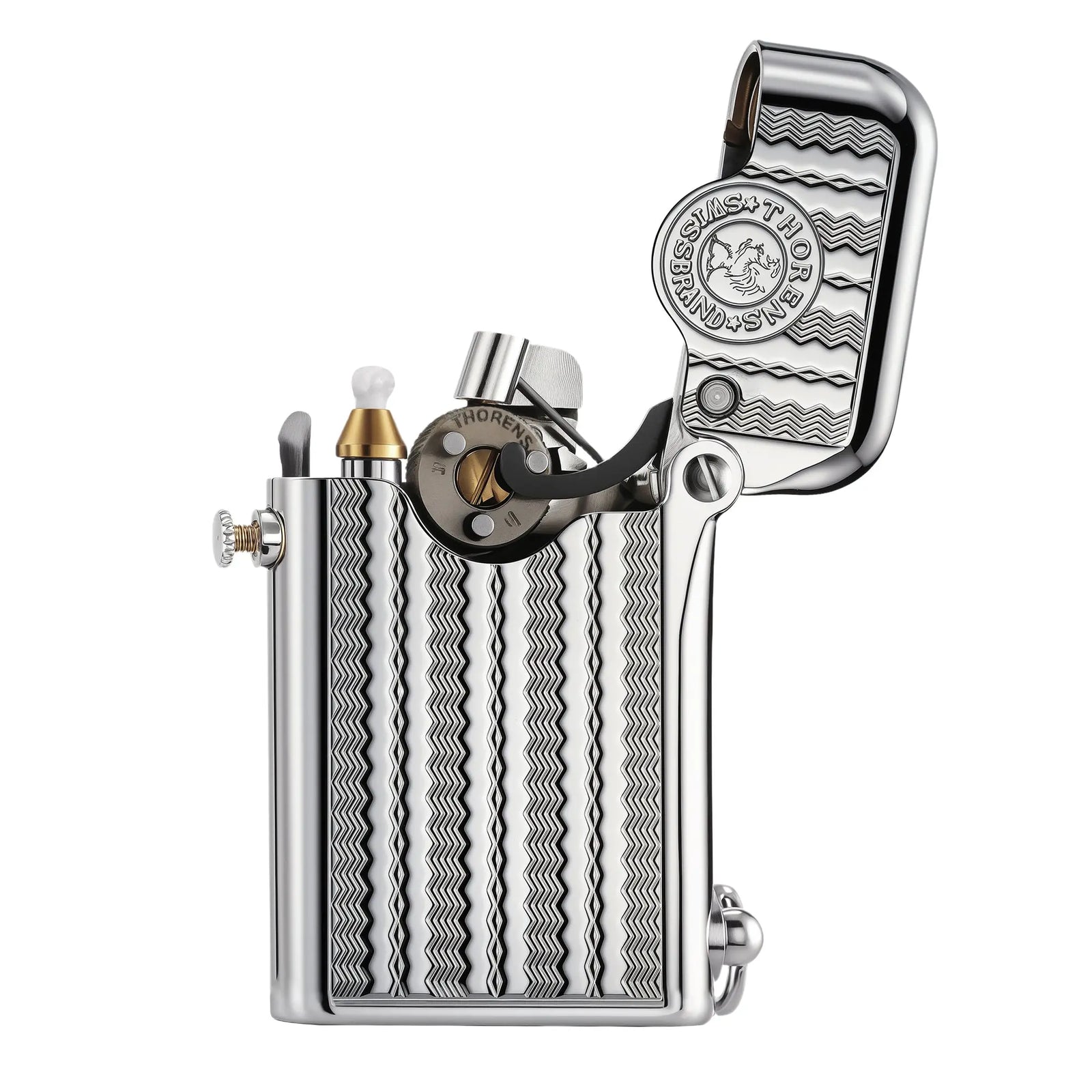 An open view of the Thorens Gen 1 Single Claw lighter in silver, revealing the internal mechanical ignition system and brass accents against the water ripple textured body.