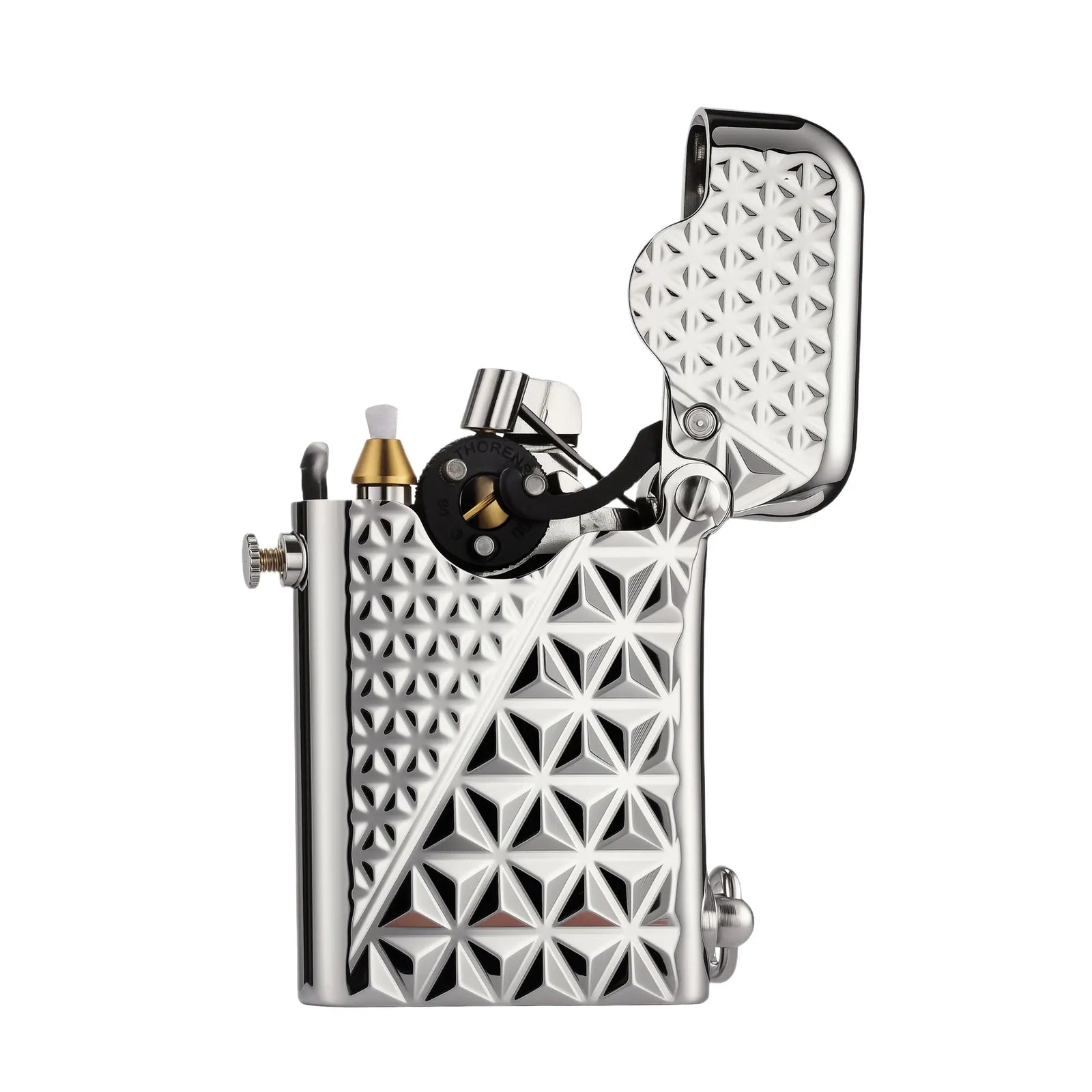 Open view of a silver Thorens Gen 1 single claw lighter, displaying the mechanical ignition wheel and geometric diamond pattern engraving.