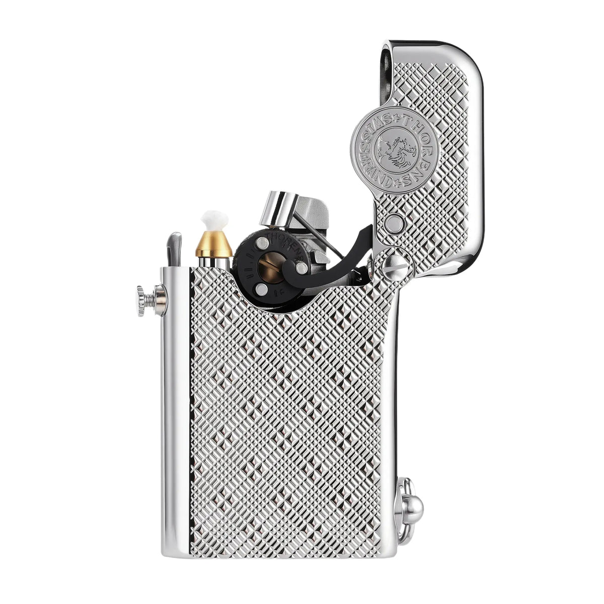 A silver Thorens Gen 1 single claw lighter in an open position, showing the intricate plum pattern engraving and the mechanical arm and flint wheel.