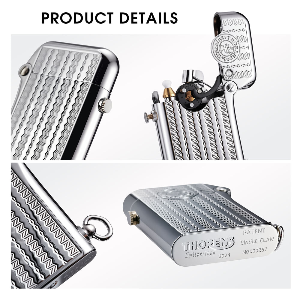 A detail collage of a silver Gen 1 Water Ripple lighter showing the open ignition claw, lanyard ring, wave engraving, and Switzerland patent stamps.