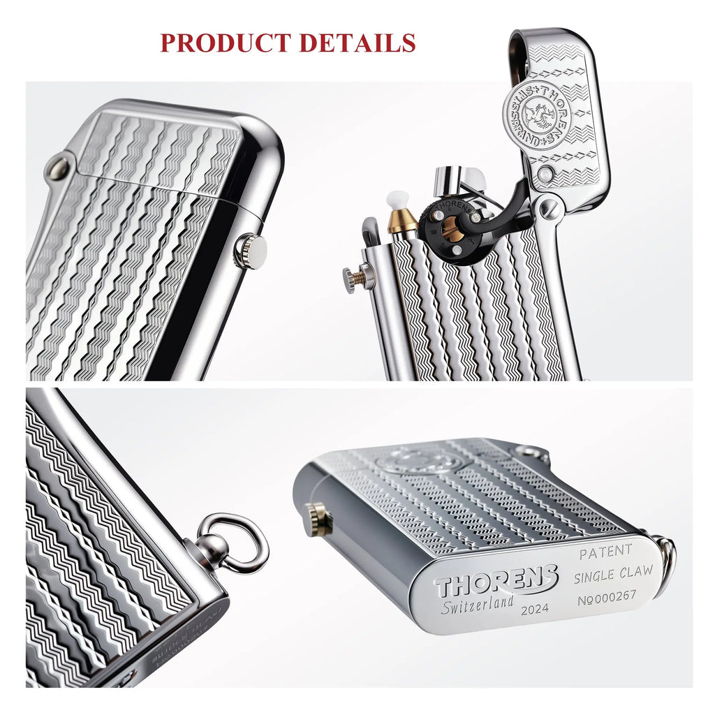 A detail collage of a silver Gen 1 Water Ripple lighter showing the open ignition claw, lanyard ring, wave engraving, and Switzerland patent stamps.