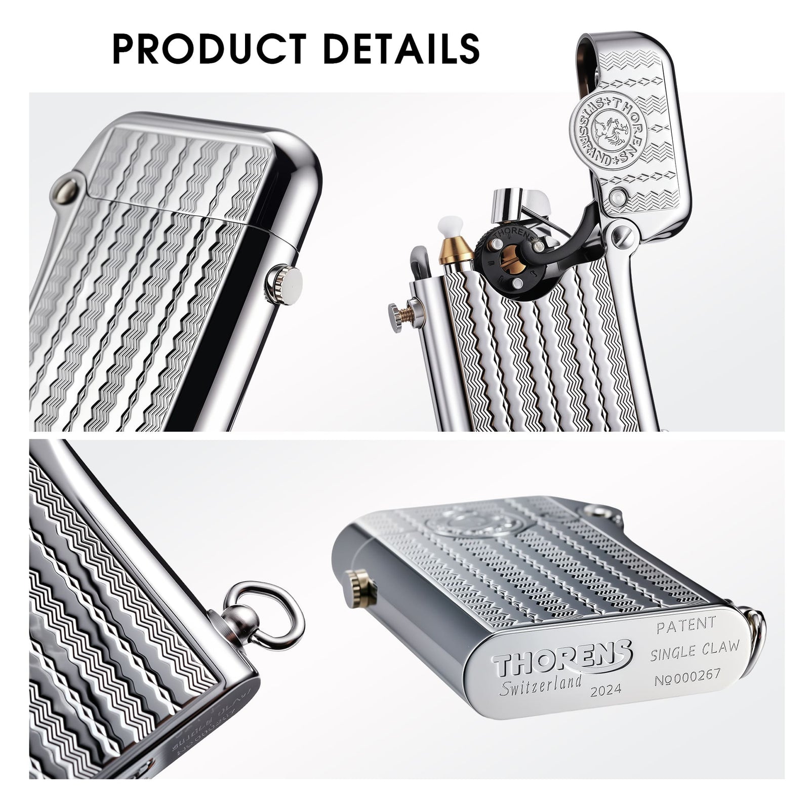 A detail collage of a silver Gen 1 Water Ripple lighter showing the open ignition claw, lanyard ring, wave engraving, and Switzerland patent stamps.