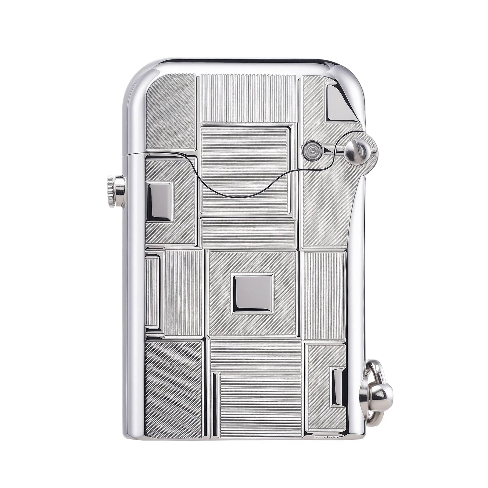 A silver Gen 1 Single Claw lighter featuring a complex engraving of various geometric squares and linear patterns on a polished chrome body.