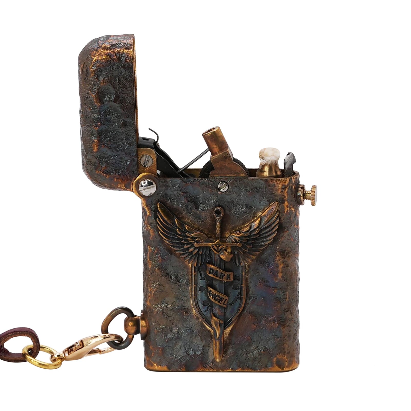 Thorens Gen 2 Double Claw Dark Angel Blade lighter shown open, highlighting the winged blade emblem, exposed ignition structure, distressed brass texture, and side leather charm.
