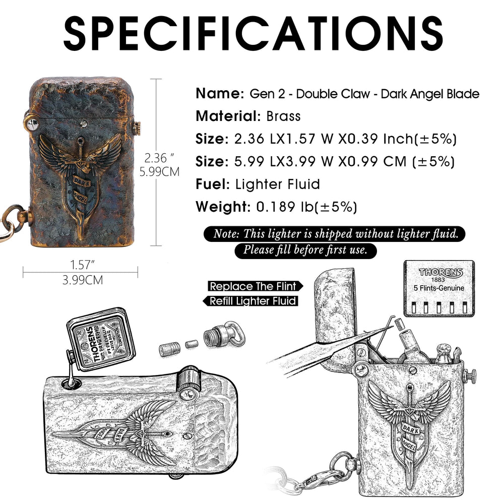 Specification and maintenance guide for the Thorens Gen 2 Double Claw Dark Angel Blade lighter, showing size, brass material, fluid refill method, and flint replacement steps.