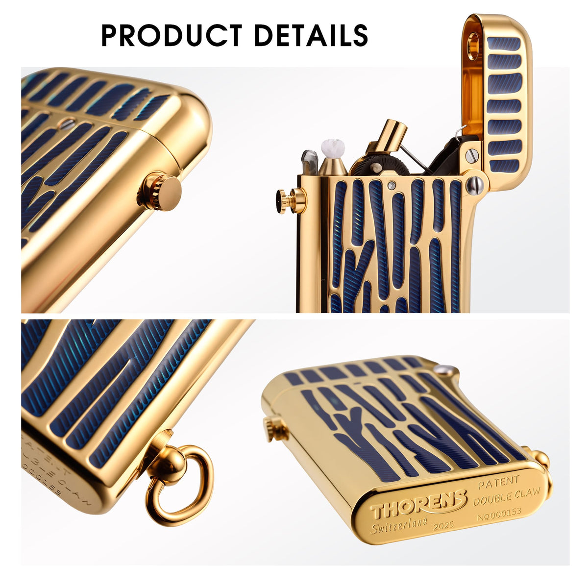 A multi-angle detail view of the Thorens Gen 2 Double Claw lighter in gold and blue, featuring close-ups of the ignition trigger, open cap mechanism, lanyard ring, and the bottom plate with official "Thorens Switzerland" and "Double Claw" patent engravings.
