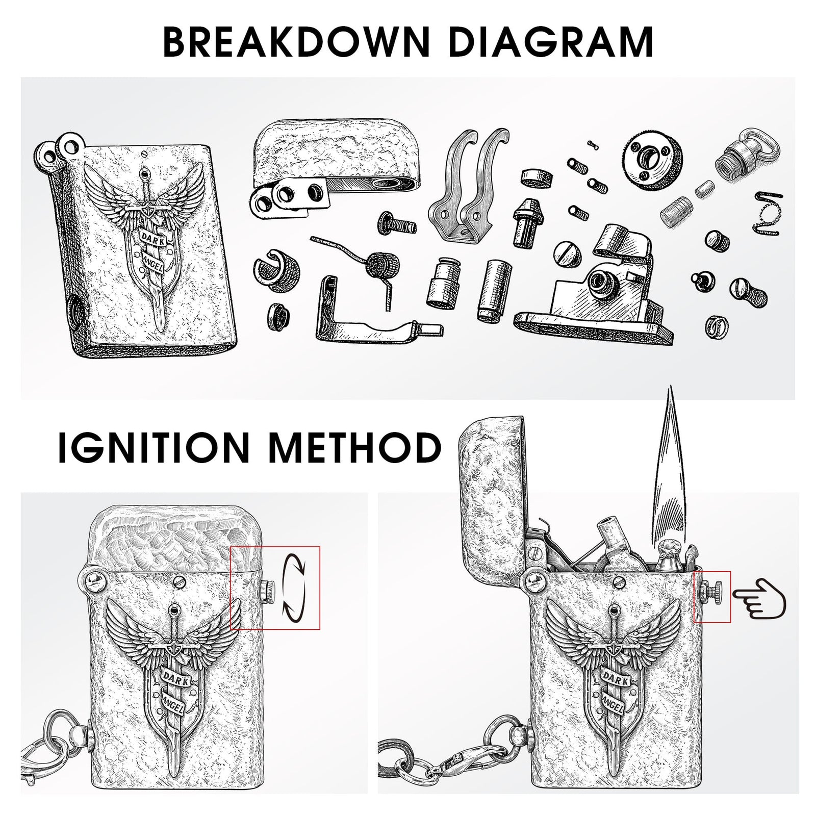 Technical breakdown diagram of the Thorens Gen 2 Double Claw Dark Angel Blade lighter, showing internal components and side-knob ignition method.