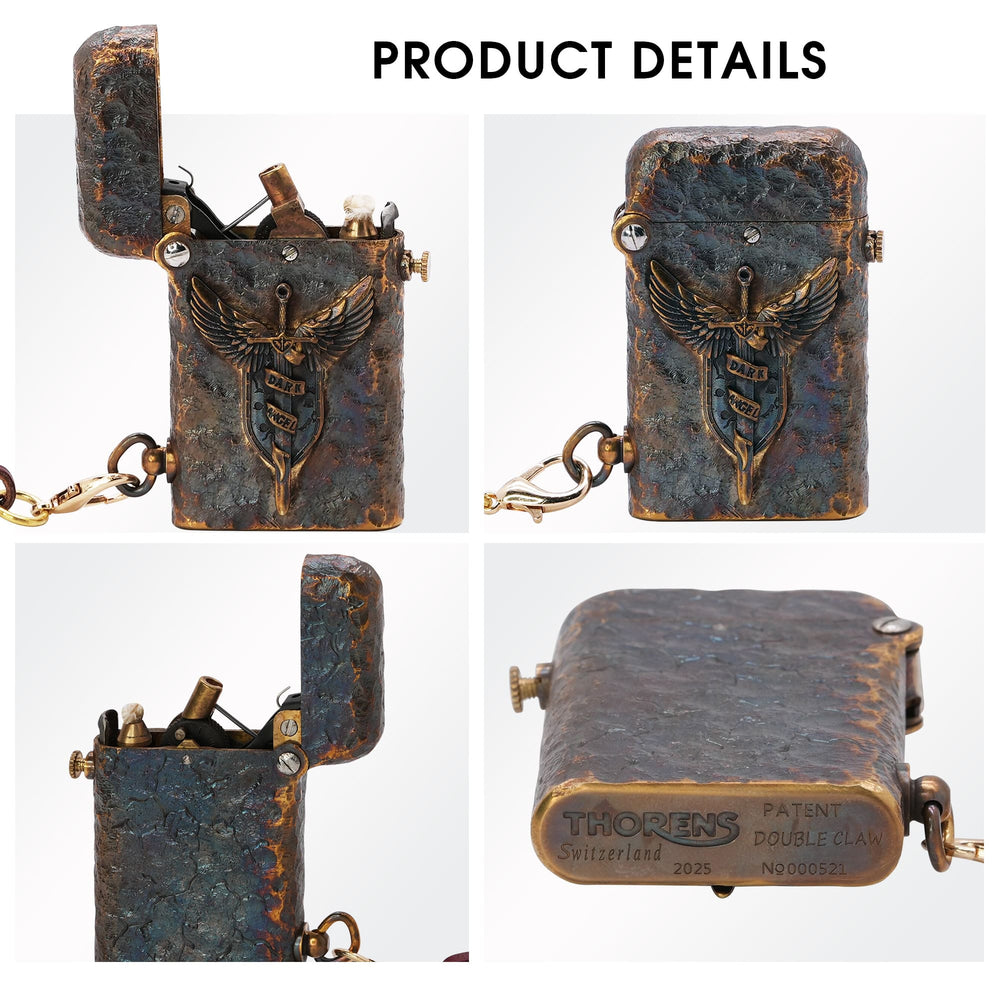 Thorens Gen 2 Double Claw Dark Angel Blade lighter shown in multiple views, highlighting the winged blade emblem, open mechanism, distressed brass texture, base markings, and side chain.