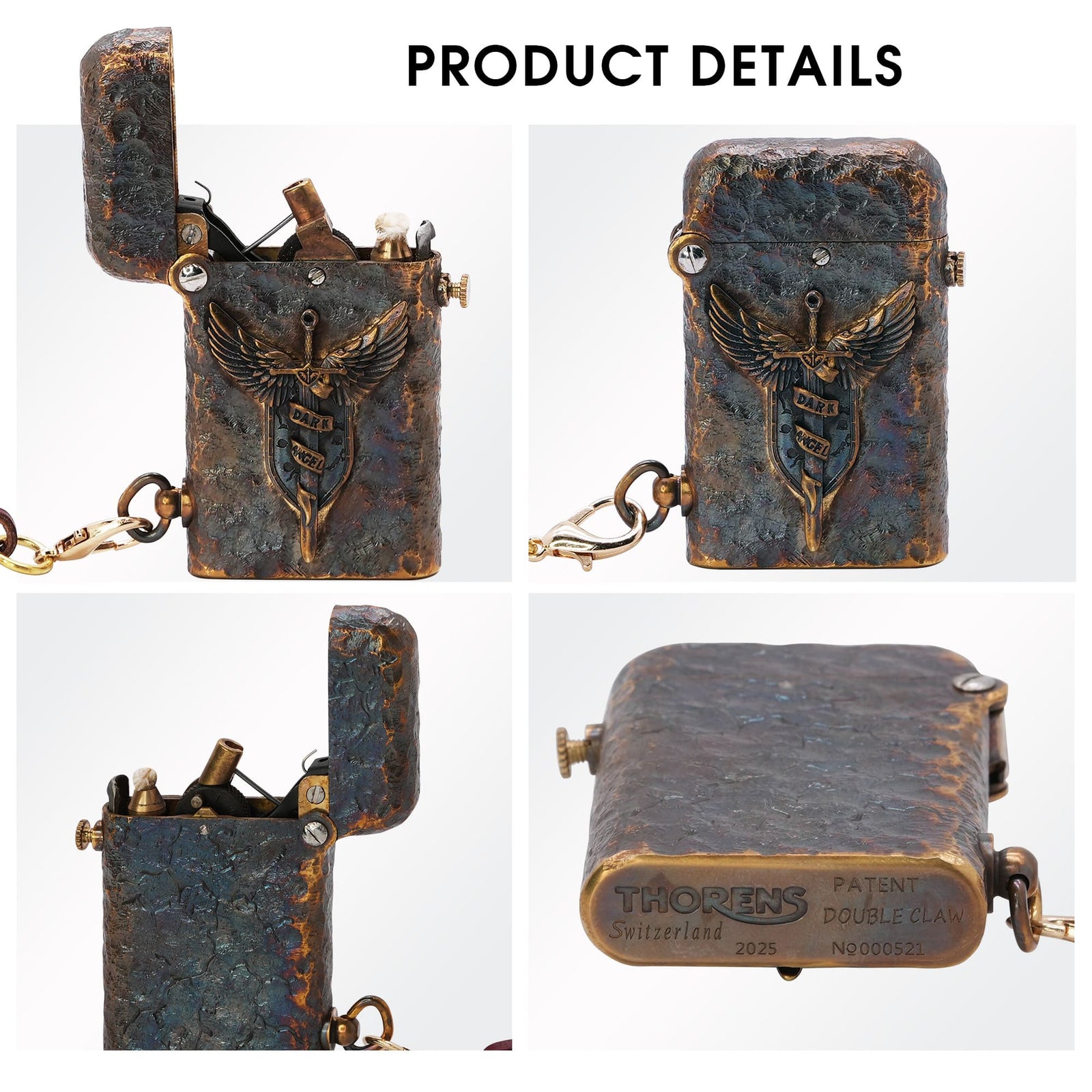 Thorens Gen 2 Double Claw Dark Angel Blade lighter shown in multiple views, highlighting the winged blade emblem, open mechanism, distressed brass texture, base markings, and side chain.