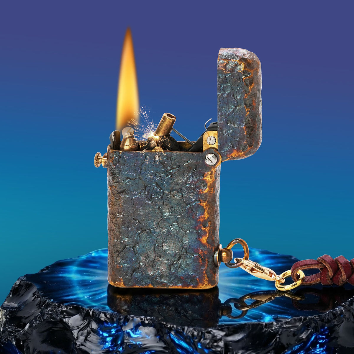 Thorens Gen 2 Double Claw Dark Angel Blade lighter shown open and ignited, featuring a distressed brass texture, visible flame, exposed mechanism, and side leather charm.