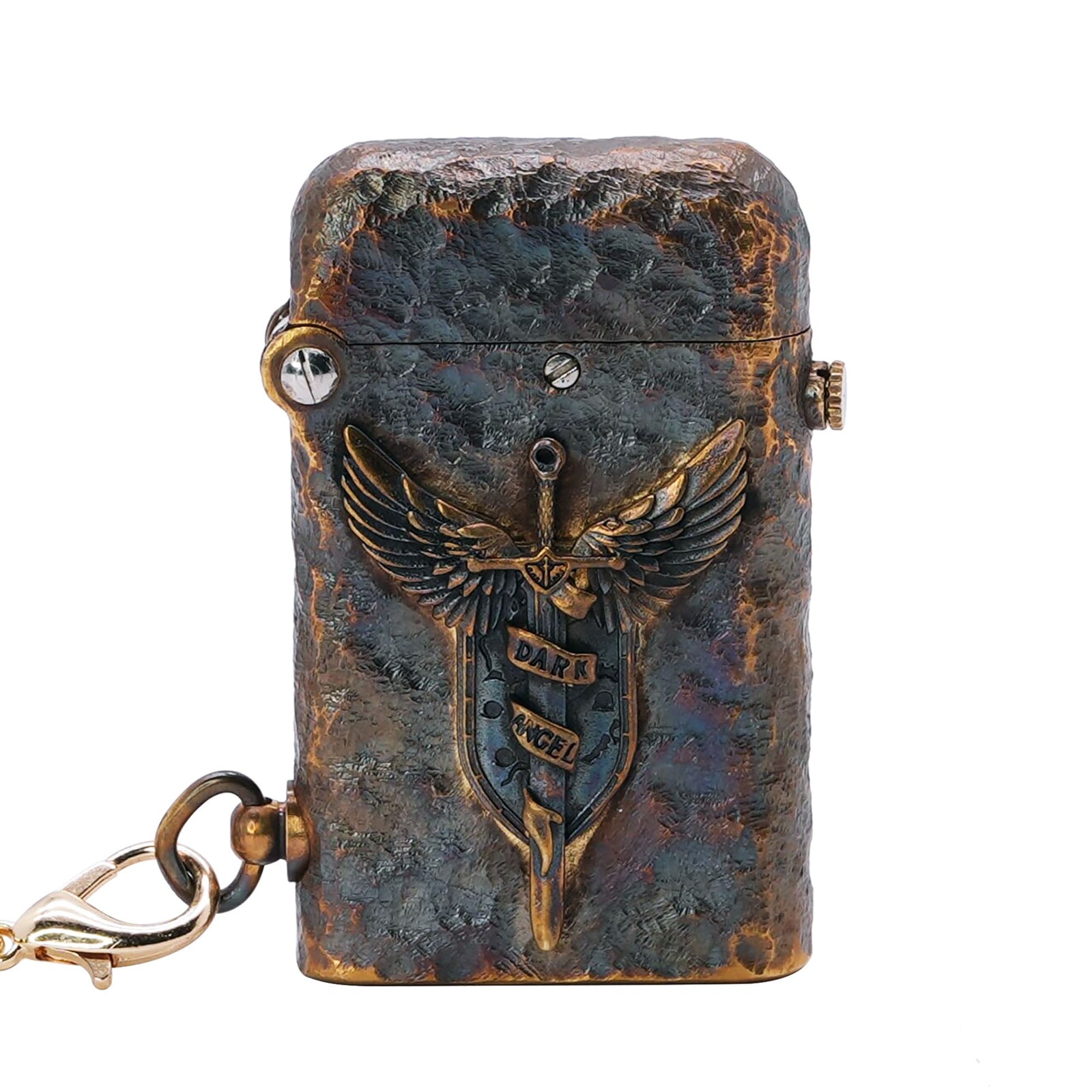 Thorens Gen 2 Double Claw Dark Angel Blade lighter shown closed, featuring a raised winged blade crest, distressed brass texture, and side chain attachment