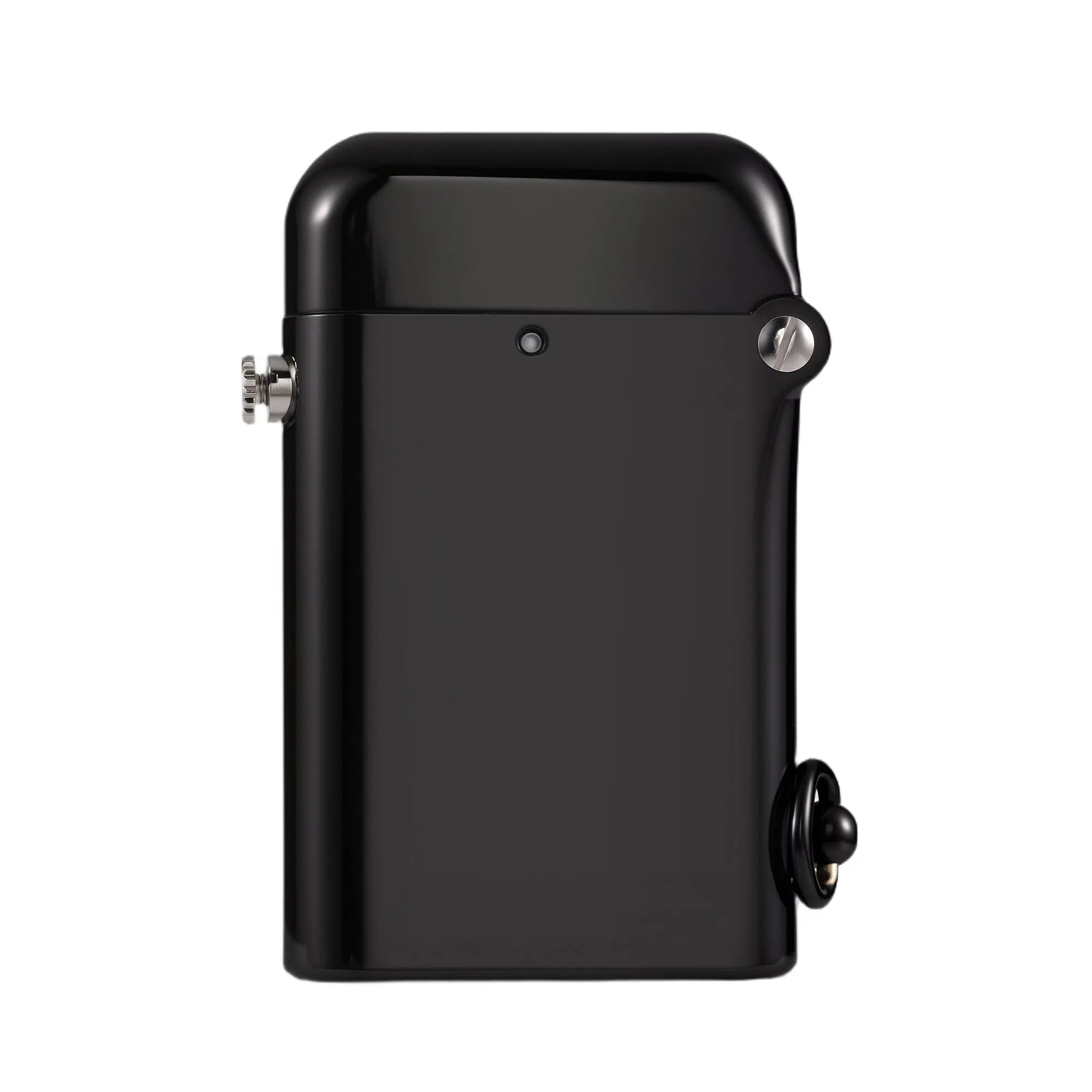 Thorens Gen 2 Double Claw lighter in glossy black finish shown closed, featuring smooth curved case, side ignition knob, and refined metal construction.