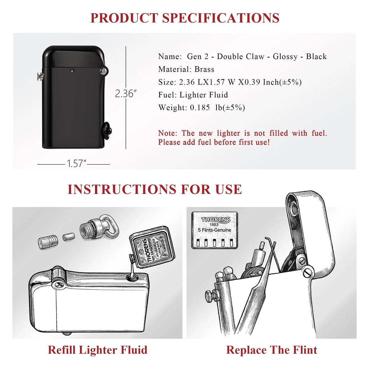 Technical diagram of a glossy black Thorens Gen 2 lighter showing product dimensions, brass material specs, and refill instructions for fluid and flint.