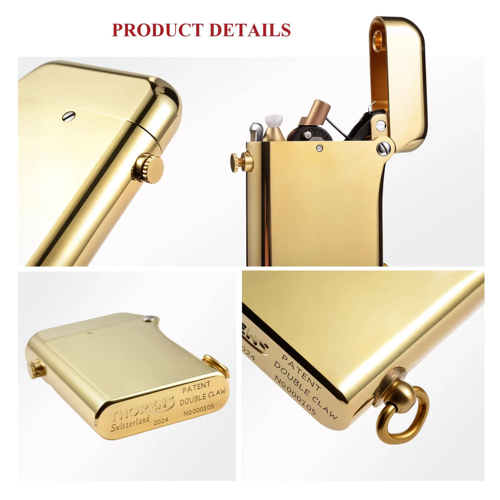 A collage showcasing technical details of the Gen 2 Double Claw Glossy Brass lighter, including the precision flint adjustment screw, the open double-claw mechanism, and the laser-engraved authenticity markings on the base.