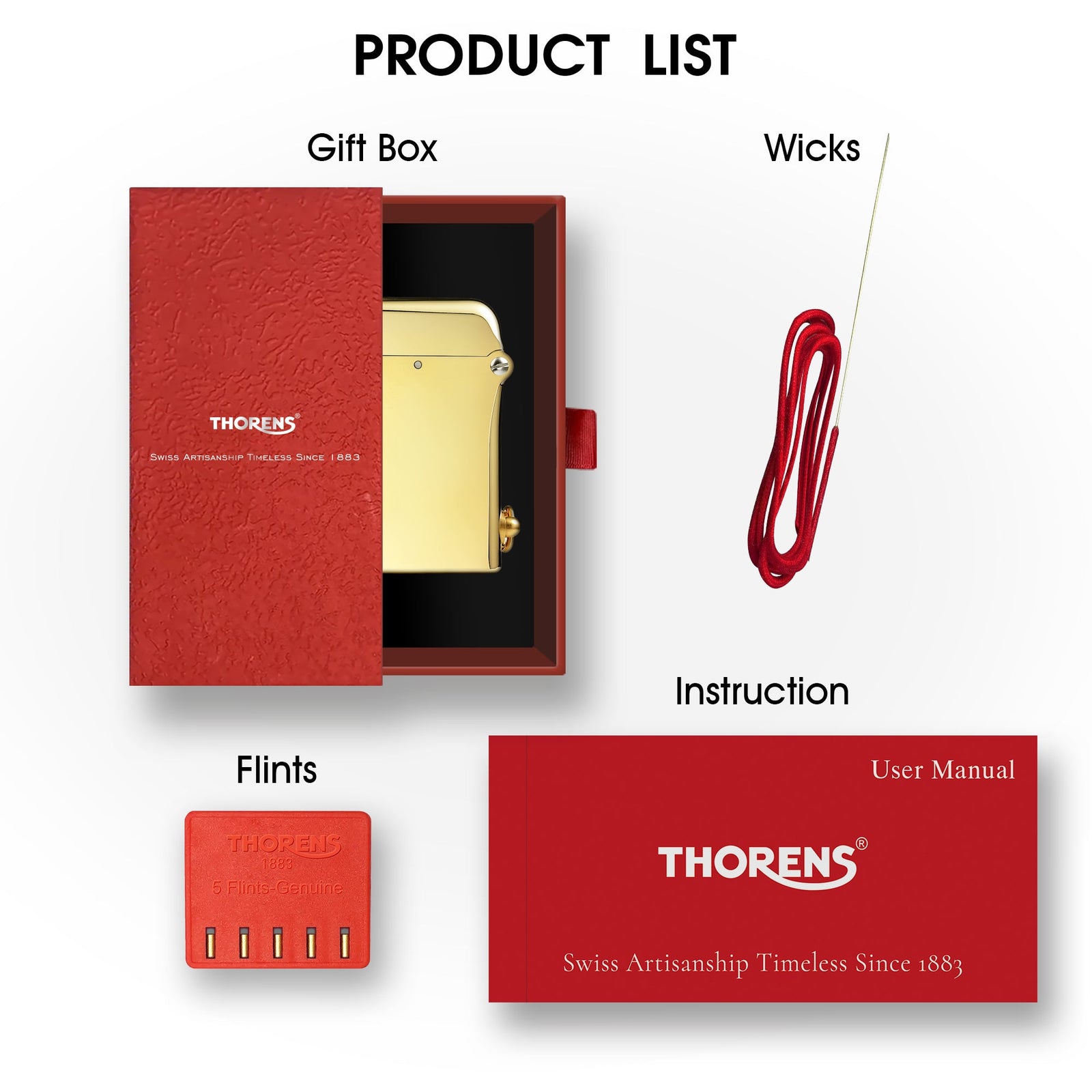 A complete product list for the Gen 2 Double Claw Glossy Brass lighter, including the signature red gift box, replacement flints, wicks, and the user manual.
