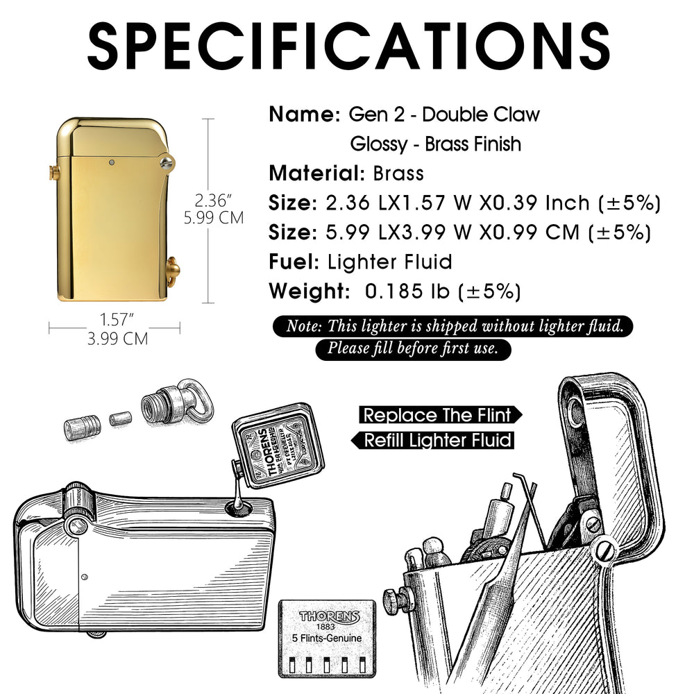 Product specifications for the Gen 2 Double Claw Glossy Brass lighter, featuring a dimensioned diagram and illustrated maintenance instructions for refilling fluid and replacing the flint.