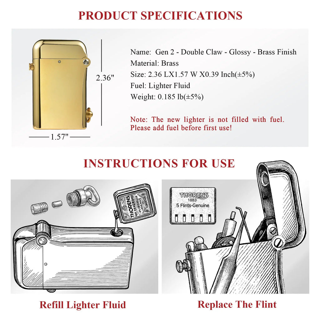 Product specifications for the Gen 2 Double Claw Glossy Brass lighter, featuring a dimensioned diagram and illustrated maintenance instructions for refilling fluid and replacing the flint.
