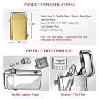 Product specifications for the Gen 2 Double Claw Glossy Brass lighter, featuring a dimensioned diagram and illustrated maintenance instructions for refilling fluid and replacing the flint.