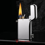 A Thorens Gen 2 Double Claw glossy silver lighter ignited with a brilliant flame and sparks, highlighting its mechanical precision against a dark background.