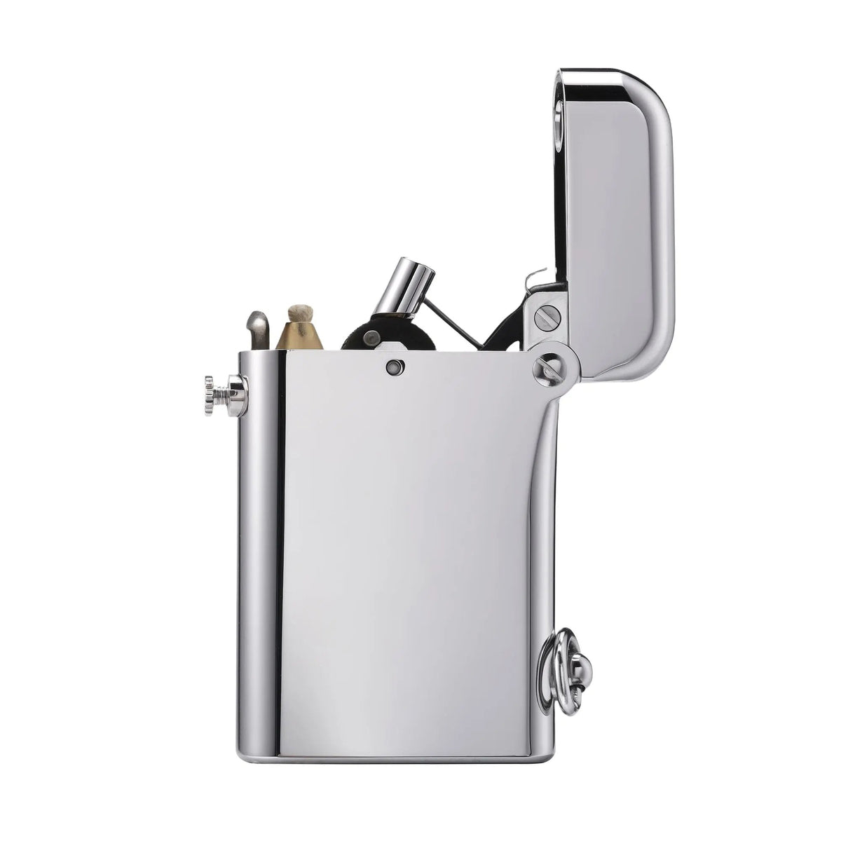 An open Thorens Gen 2 Double Claw silver lighter featuring a high-gloss finish, showcasing its internal heritage mechanical structure and wick against a white background.