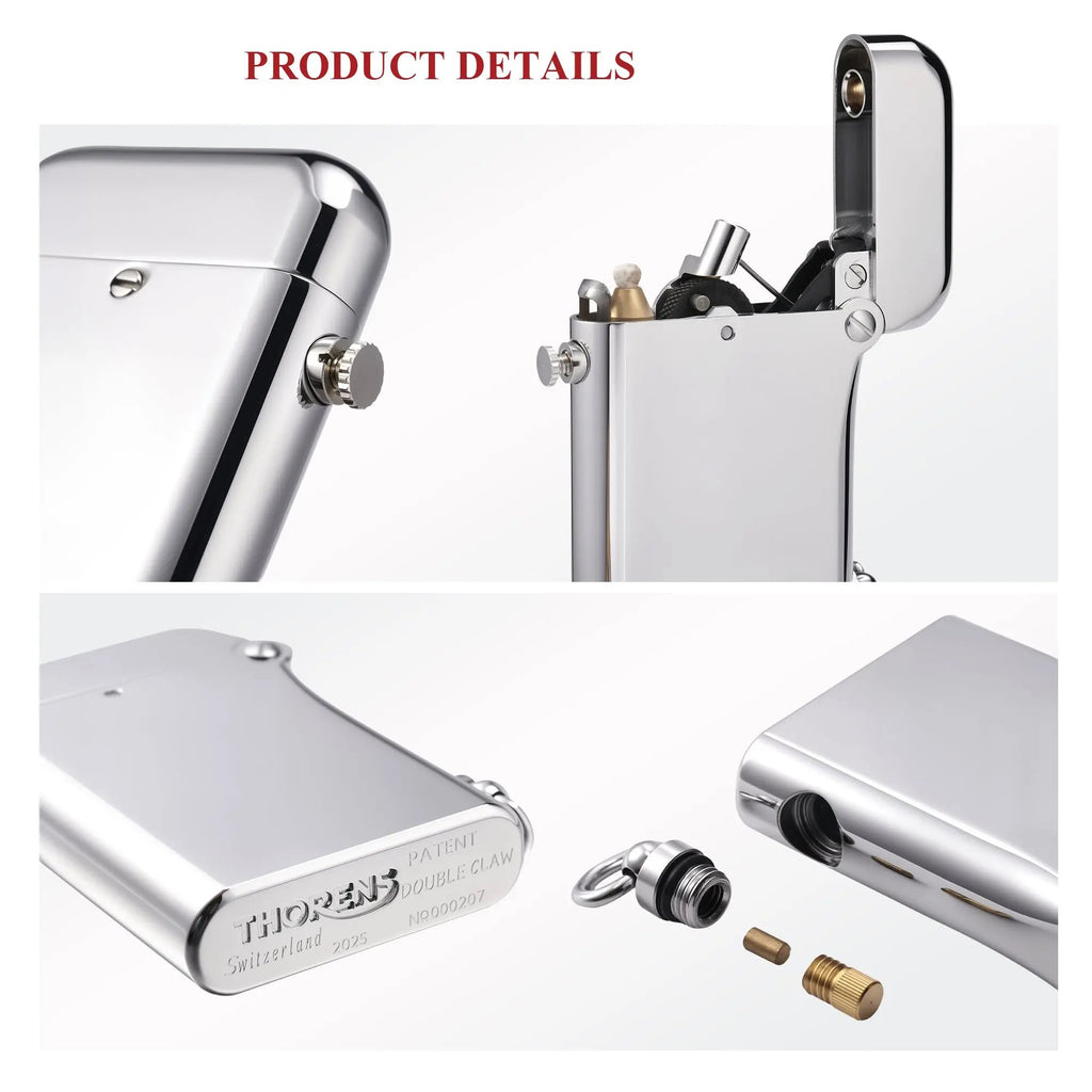 Detailed views of the Thorens Gen 2 Double Claw silver lighter, showing the dual-claw mechanism, the high-gloss finish, and the patent-engraved bottom-fill structure.