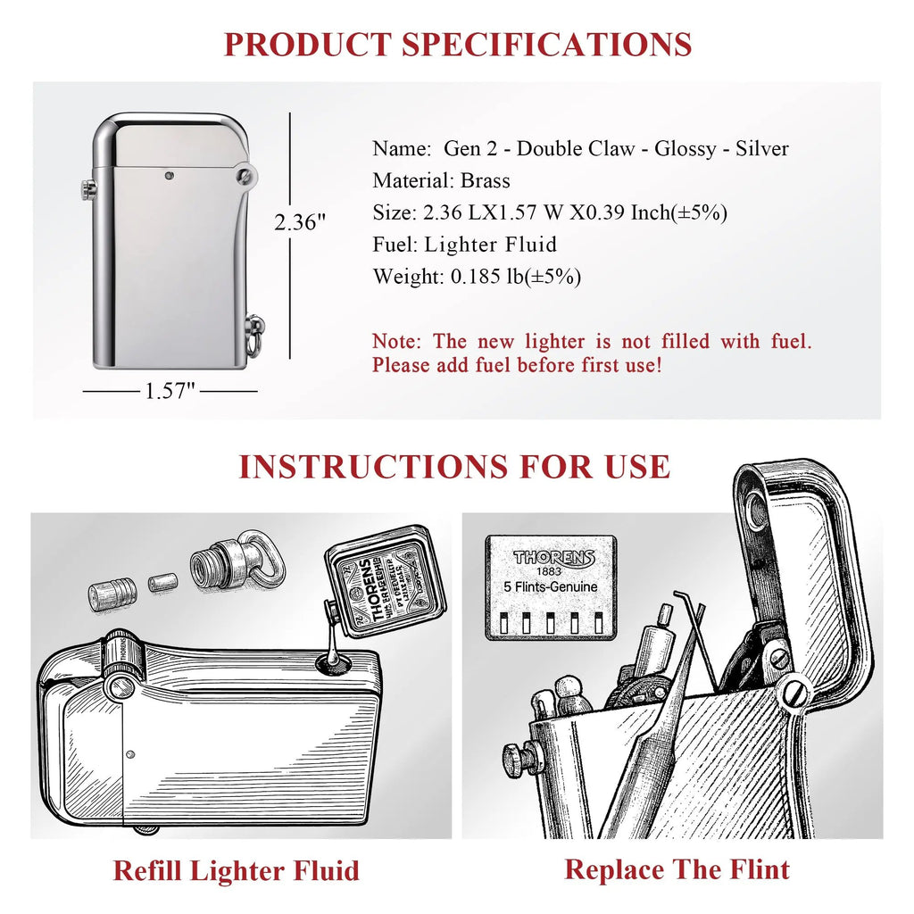 Technical specs and user guide for the Thorens Gen 2 Double Claw silver lighter, detailing dimensions and instructions for refilling fluid and flint.