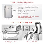 Technical specs and user guide for the Thorens Gen 2 Double Claw silver lighter, detailing dimensions and instructions for refilling fluid and flint.