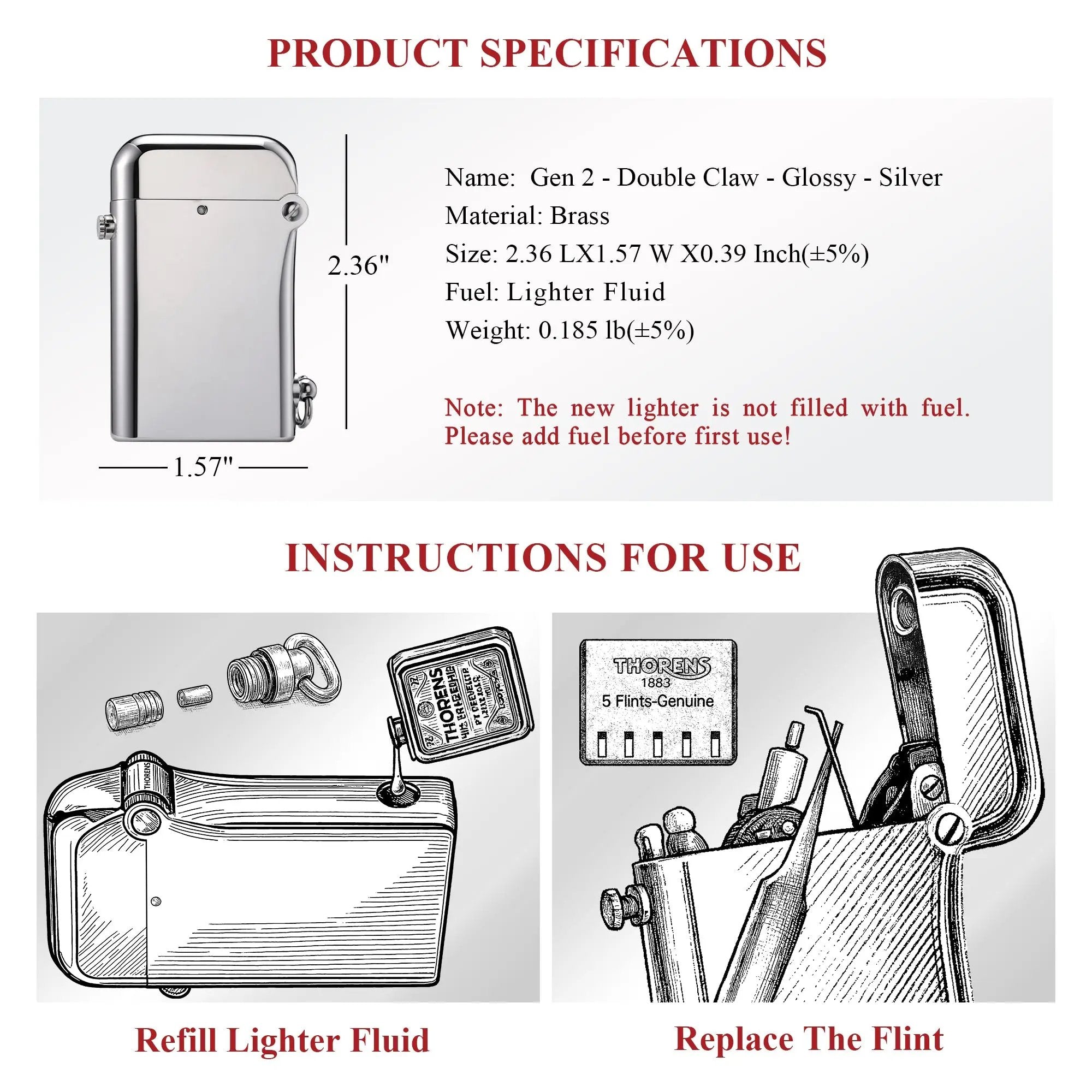 Technical specs and user guide for the Thorens Gen 2 Double Claw silver lighter, detailing dimensions and instructions for refilling fluid and flint.