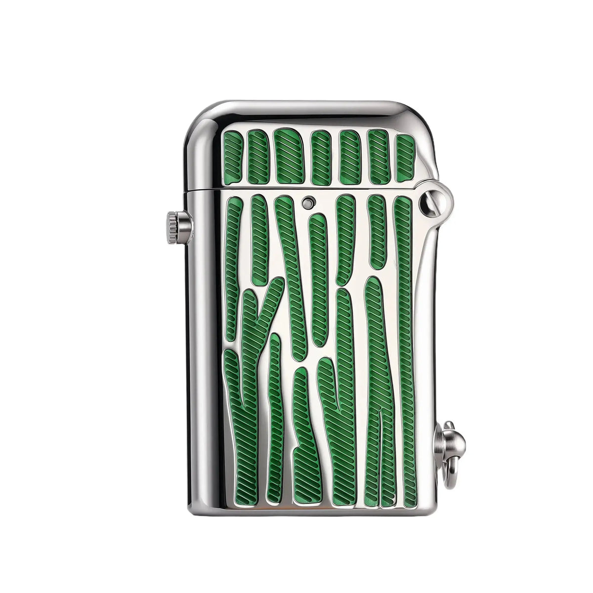 Thorens Gen 2 Double Claw silver lighter with a green striped front panel, shown upright in a clean full front view with polished rounded edges