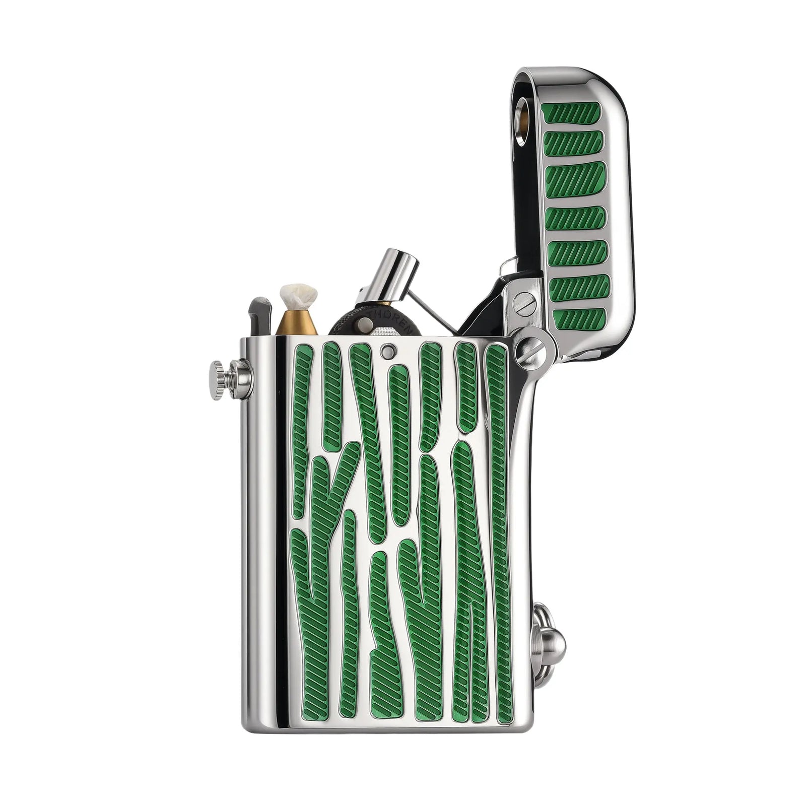 An open silver Gen 2 Double Claw lighter against a white background, showcasing the dual-arm ignition mechanism and emerald green striped inlays.