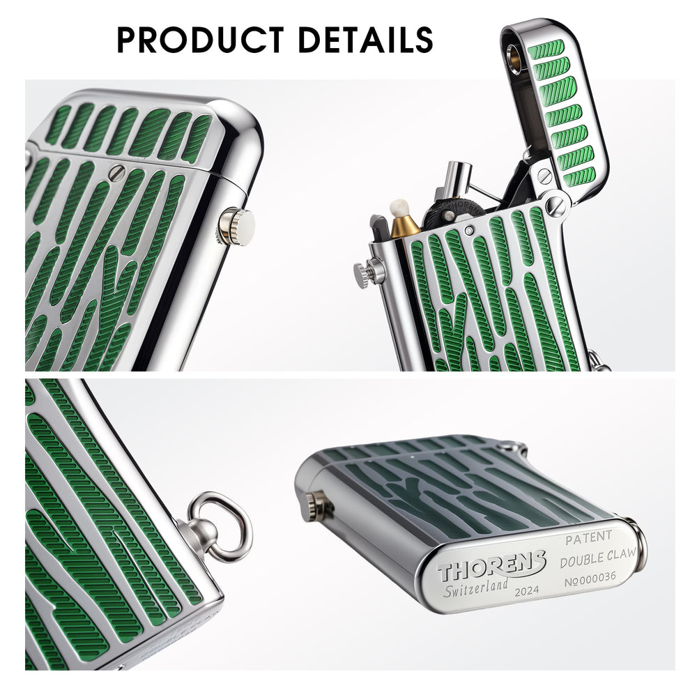 Thorens Gen 2 Double Claw silver lighter with green stripes, shown in detailed views of lid, body, base engraving, and ignition parts