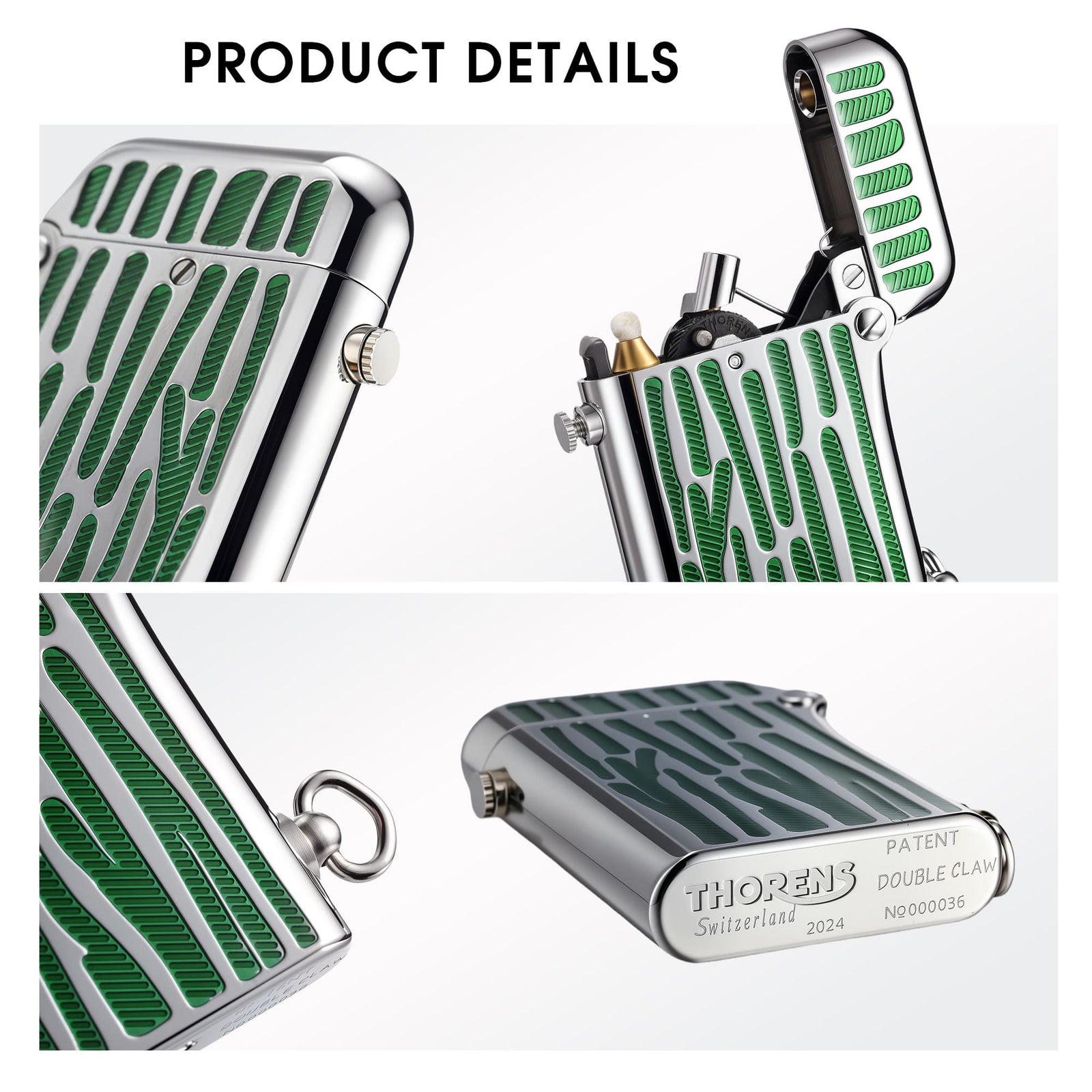 Thorens Gen 2 Double Claw silver lighter with green stripes, shown in detailed views of lid, body, base engraving, and ignition parts