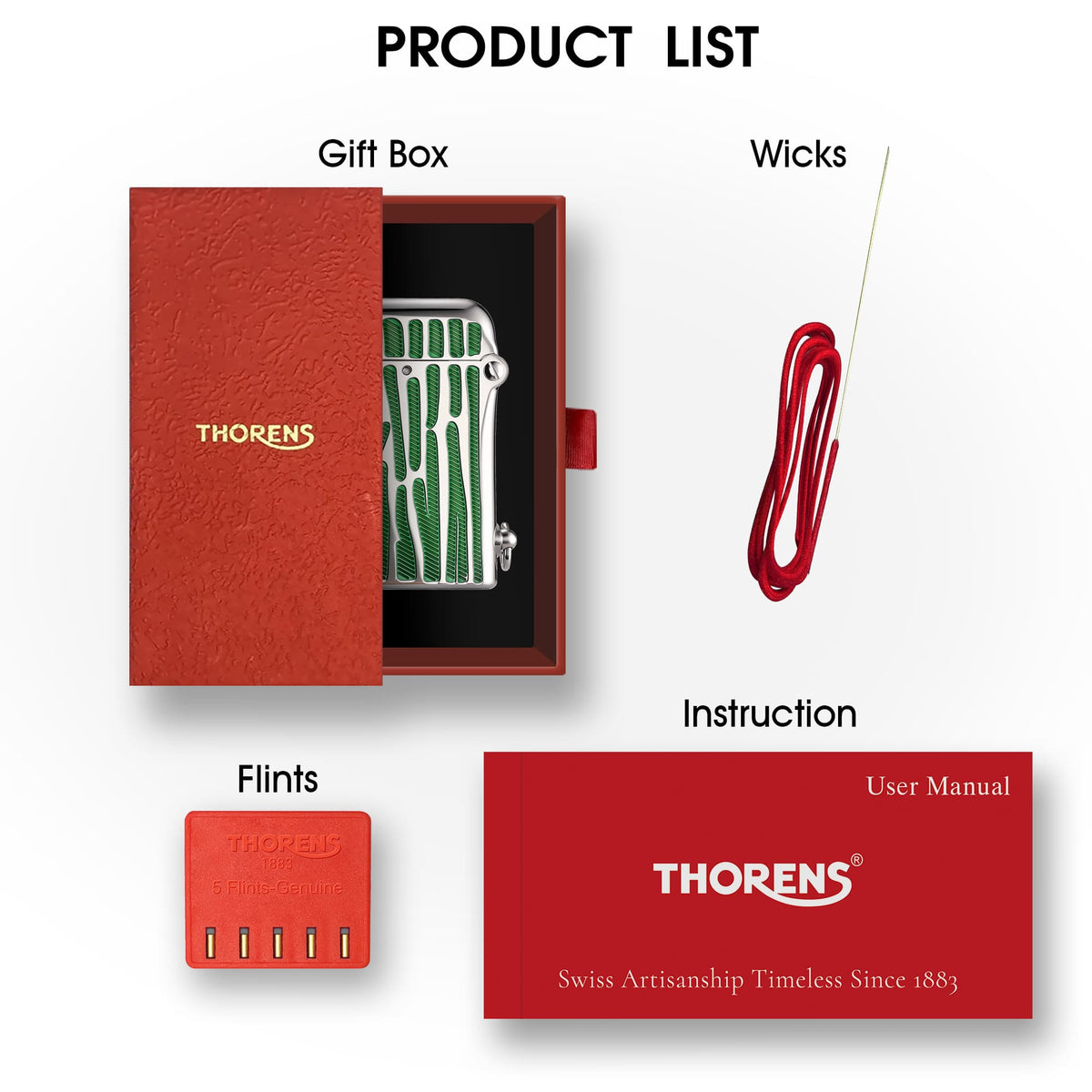 Thorens lighter gift set with presentation box, velvet pouch, flints, spare wick, and user manual shown together