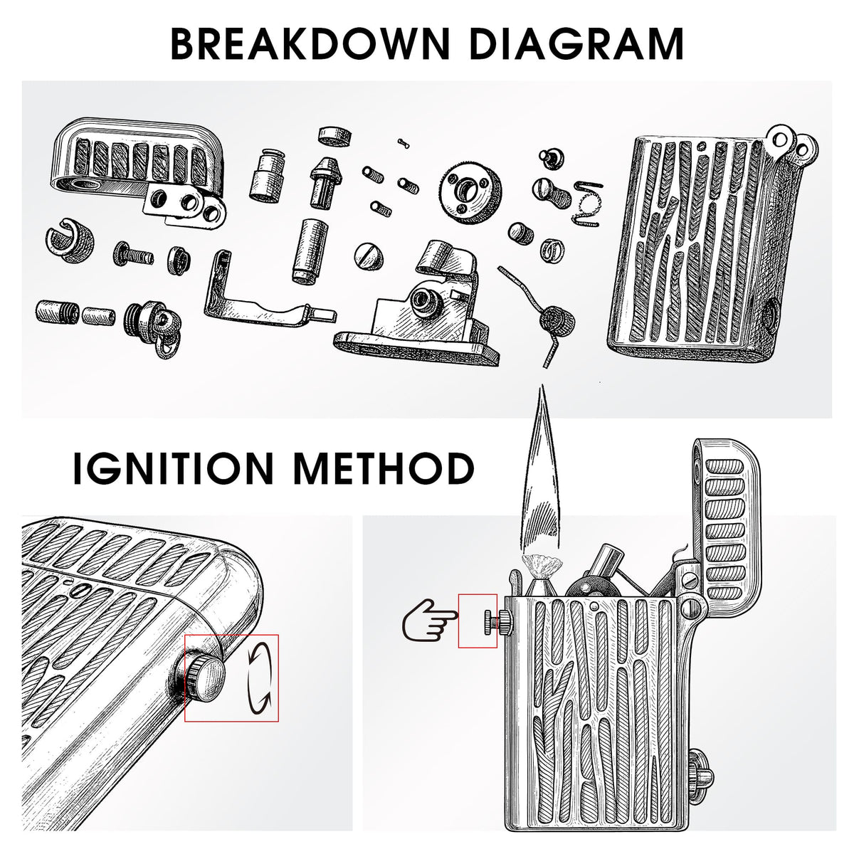 A technical illustration showing the exploded view of all internal components and the button-ignition mechanism for the Gen 2 Double Claw lighter.