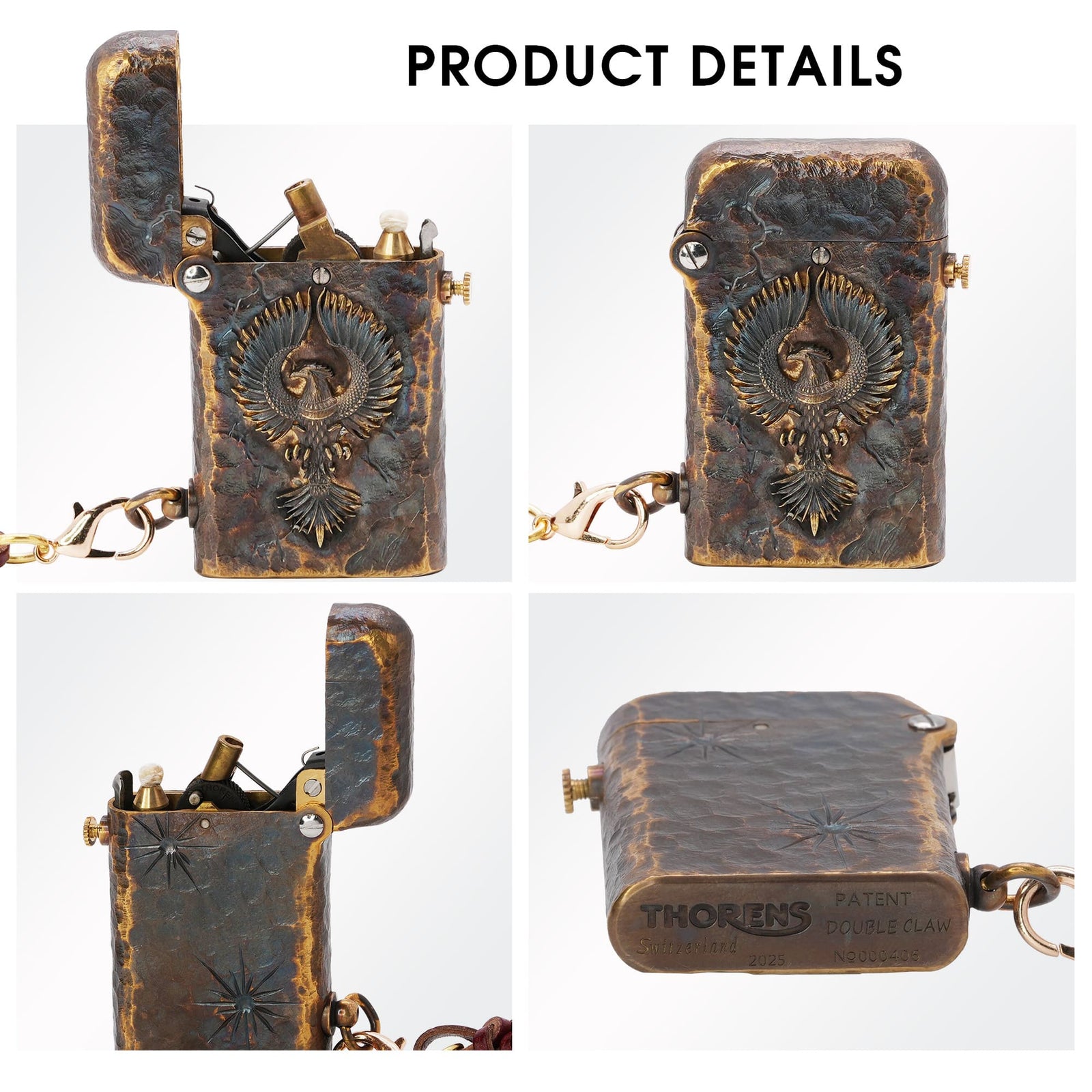 Thorens Gen 2 Double Claw Imperial Eagle lighter shown in multiple views, highlighting the raised eagle relief, open mechanism, base markings, individual serial number, and side chain.