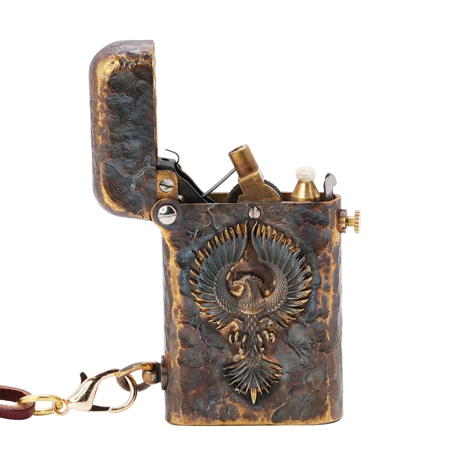 Thorens Gen 2 Double Claw Imperial Eagle lighter shown open, highlighting raised eagle relief, exposed mechanism, wick, and side chain.