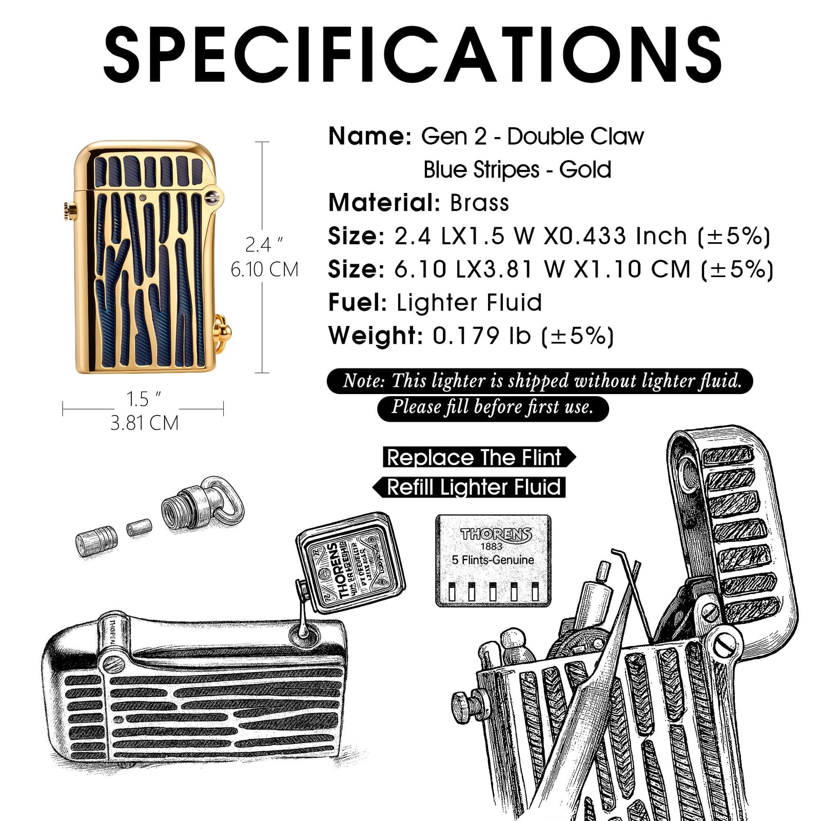 A technical product infographic for the Thorens Gen 2 Double Claw lighter in "Blue Stripes Gold." The layout includes product dimensions (2.4" x 1.5"), material (Brass), and weight (0.179 lb), alongside detailed instructional diagrams for refilling lighter fluid and replacing the flint.