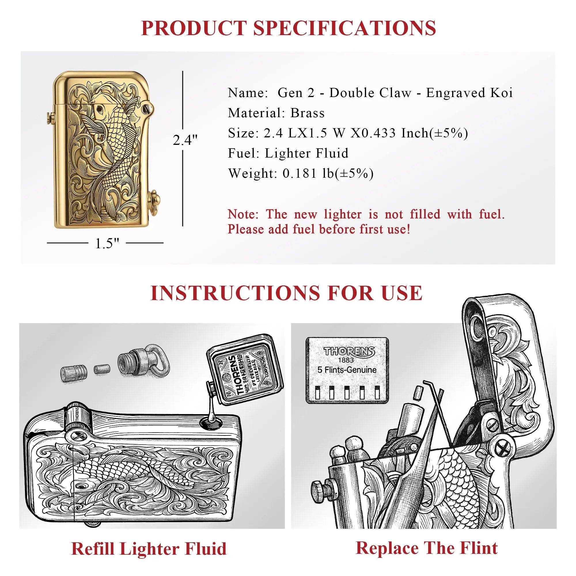 A technical product infographic for the Thorens Gen 2 Double Claw lighter featuring an "Engraved Koi" design. The layout includes dimensions (2.4" x 1.5"), material (Brass), and weight (0.181 lb), paired with detailed line-art diagrams for refilling lighter fluid and replacing the flint.