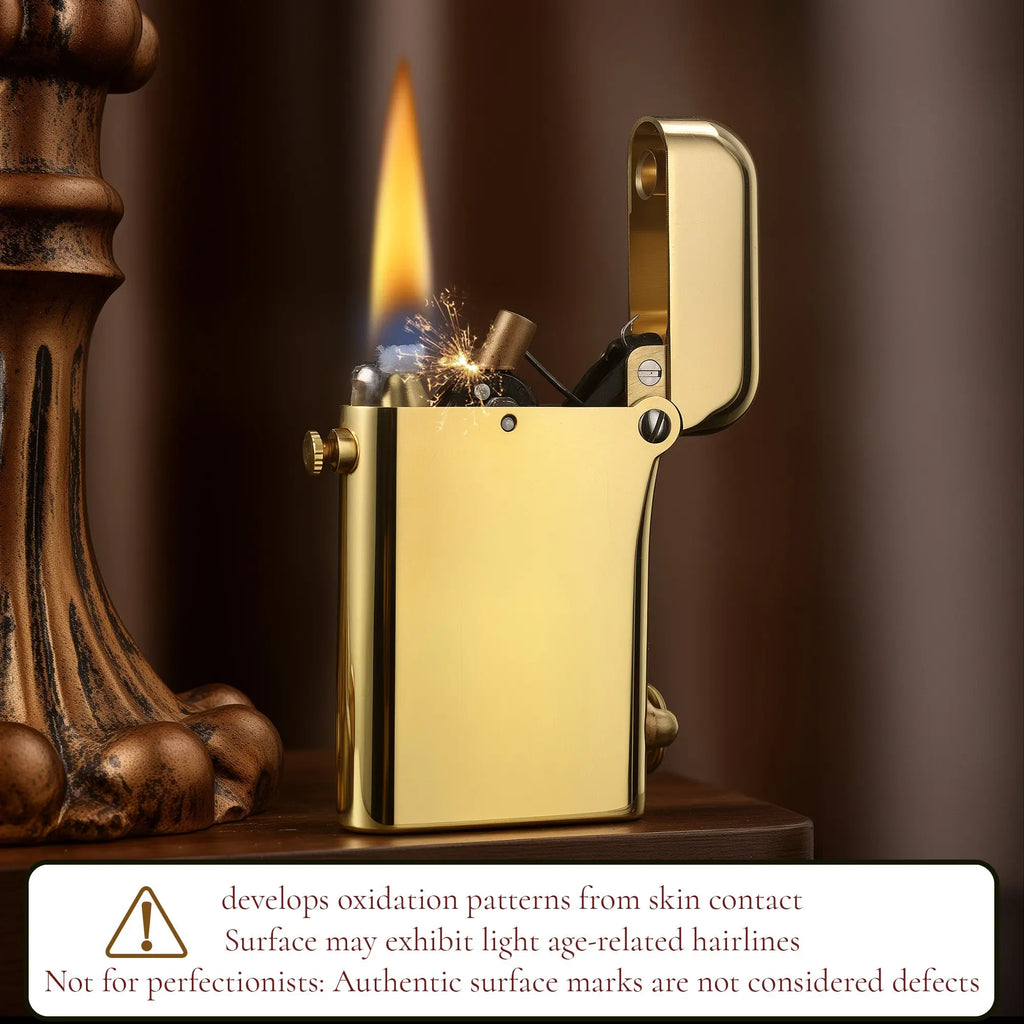The Gen 2 Double Claw Glossy Brass lighter in action with an open lid and a steady flame, including a warning about authentic brass oxidation patterns and age-related hairlines.