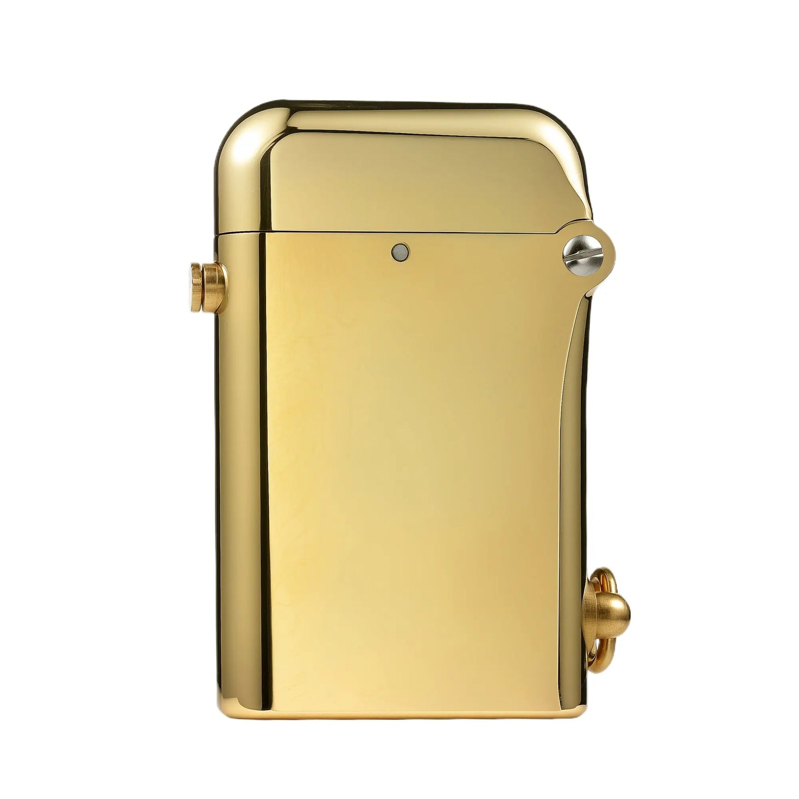 A front studio portrait of the Gen 2 Double Claw lighter in Glossy Brass finish, showing the closed lid and signature mechanical pivot screw on a white background.