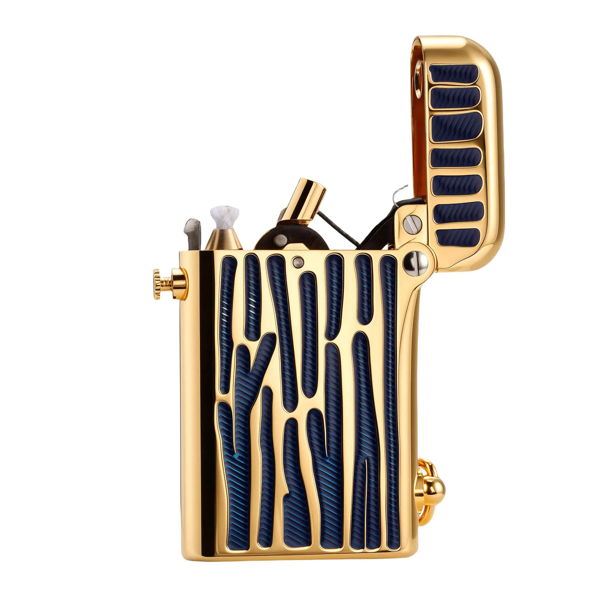 A high-resolution profile view of an open Thorens Gen 2 Double Claw mechanical lighter in polished gold, showing the white cotton wick, the intricate internal dual-arm mechanism, and textured blue inlay stripes.