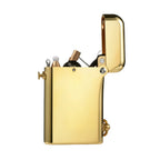 A studio profile view of the Gen 2 Double Claw Glossy Brass lighter with an open lid, showcasing the internal mechanical components and polished golden finish.