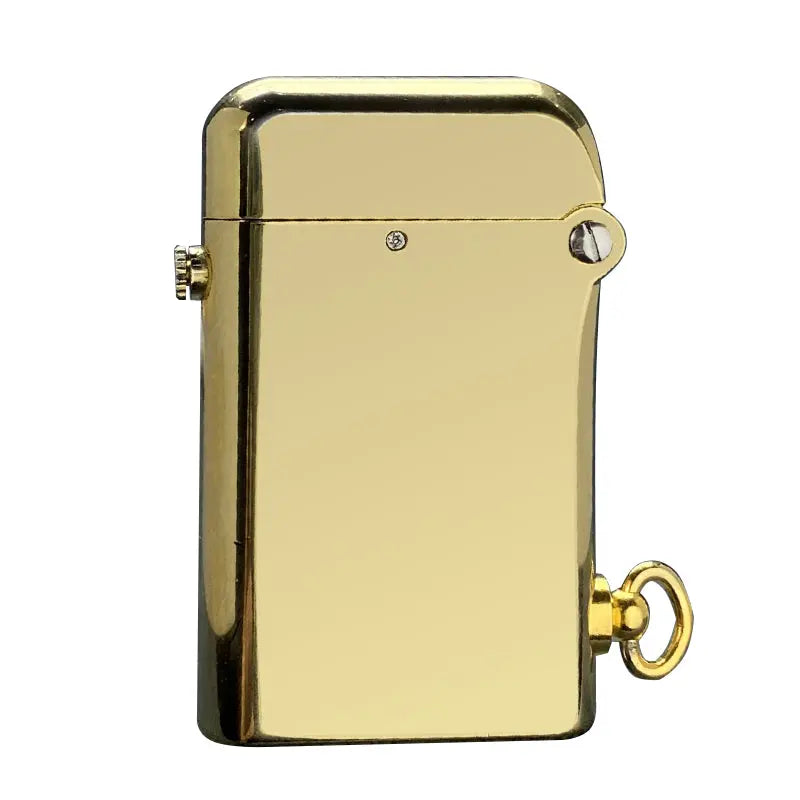A Thorens Gen 2 Double Claw mechanical lighter featuring a mirror-polished brass finish, side-mounted safety switch, and a bottom lanyard ring.