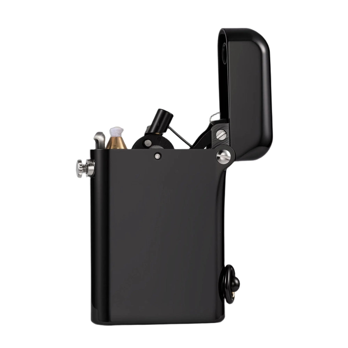 A side profile of the Thorens Gen 2 Glossy Black lighter with its lid open, revealing the intricate double claw mechanical structure and cotton wick.