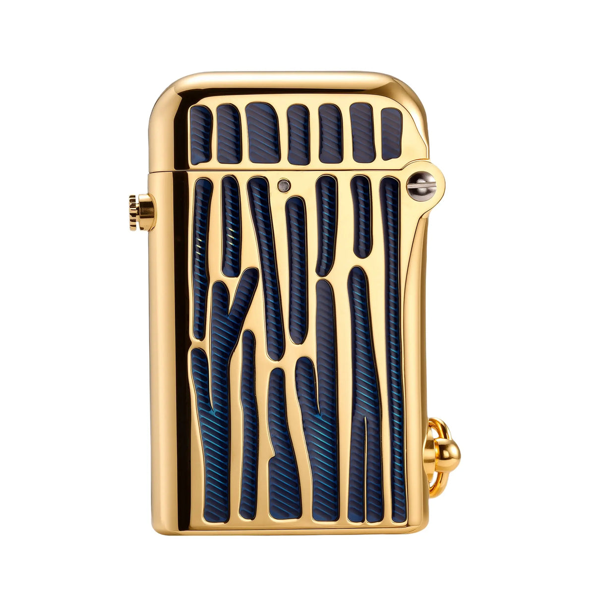 A gold Gen 2 Double Claw lighter featuring textured vertical blue stripes inlaid within a polished brass body with mechanical rivet details.